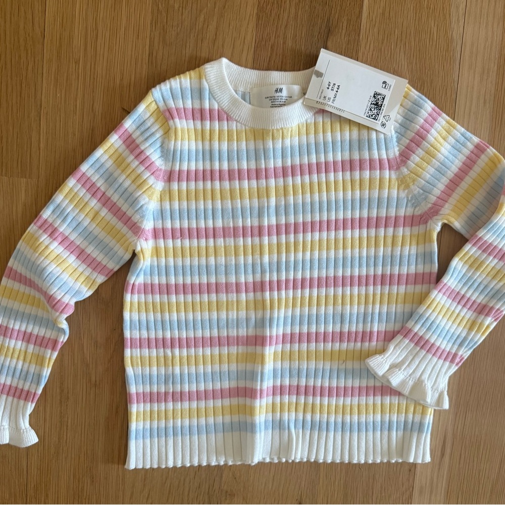 NWT H&M White Ribbed Sweater with Pink, Blue & Yellow Stripes
